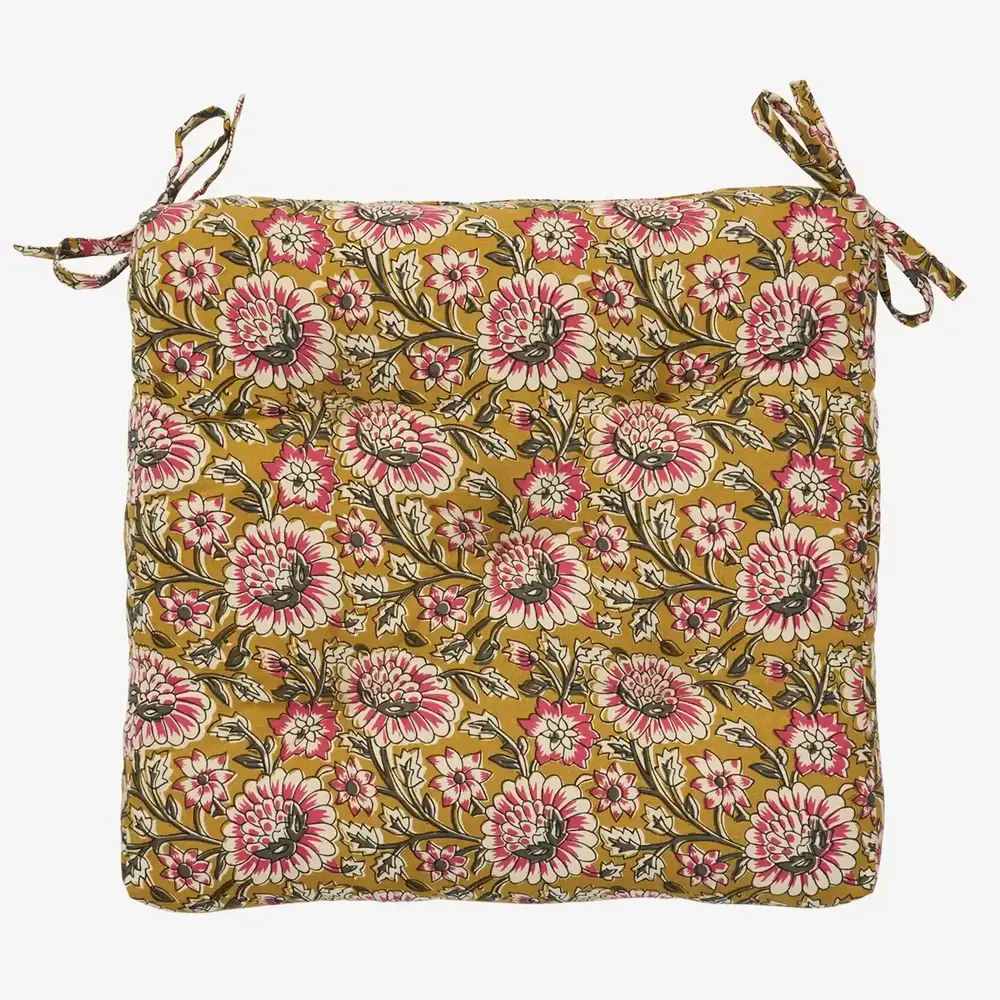 Madam Stoltz Printed cotton chair pad - Mustard, off white, grey, raspberry Madam Stoltz Printed cotton chair pad - Mustard, off white, grey, raspberry