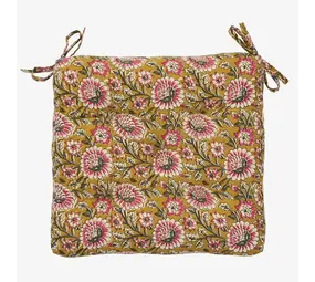 Madam Stoltz Printed cotton chair pad - Mustard, off white, grey, raspberry