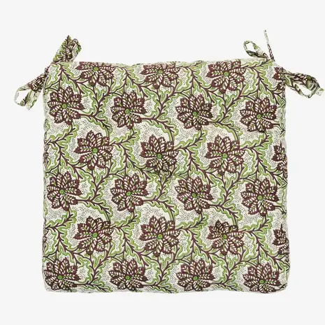 Madam Stoltz Printed cotton chair pad - Brown, green, off white Madam Stoltz Printed cotton chair pad - Brown, green, off white