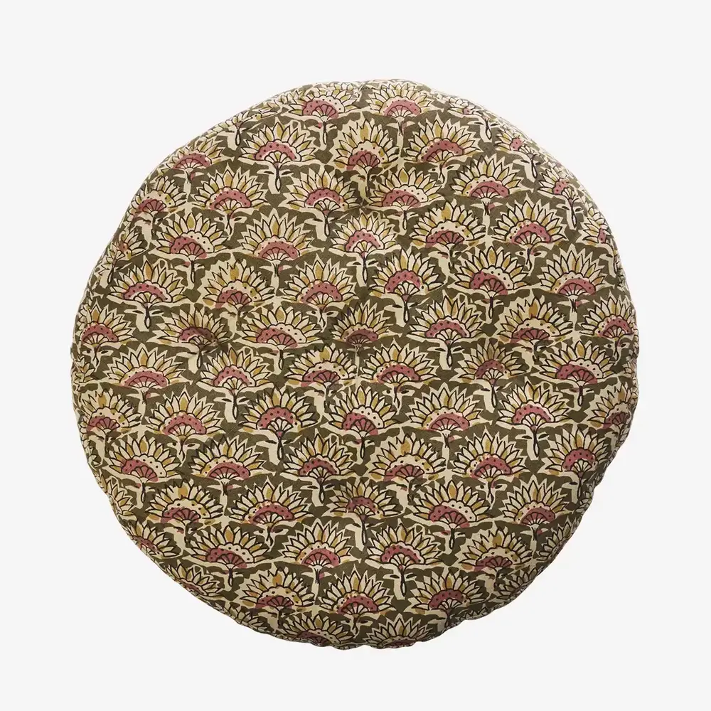 Madam Stoltz Round cotton chair pad - Olive, sand old rose, mustard