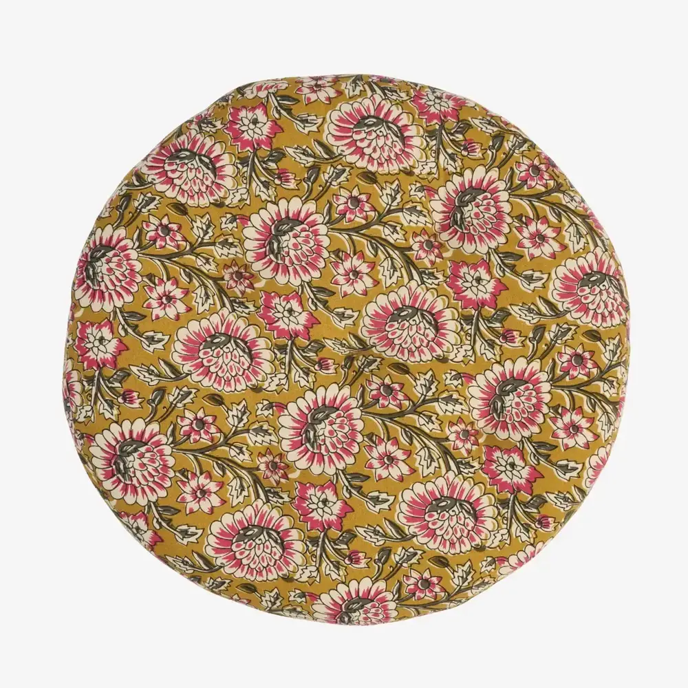Madam Stoltz Round cotton chair pad - Mustard, off white, grey, raspberry