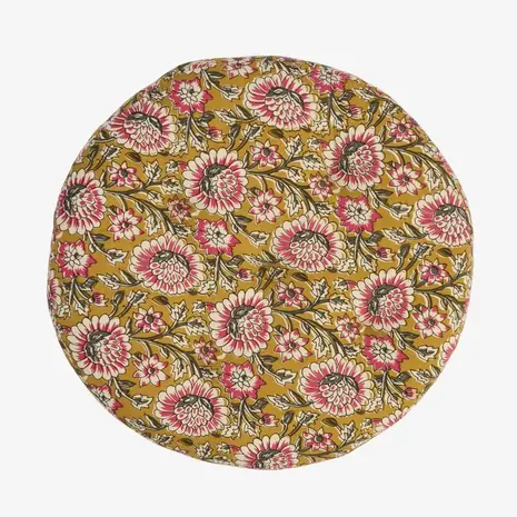 Madam Stoltz Round cotton chair pad - Mustard, off white, grey, raspberry