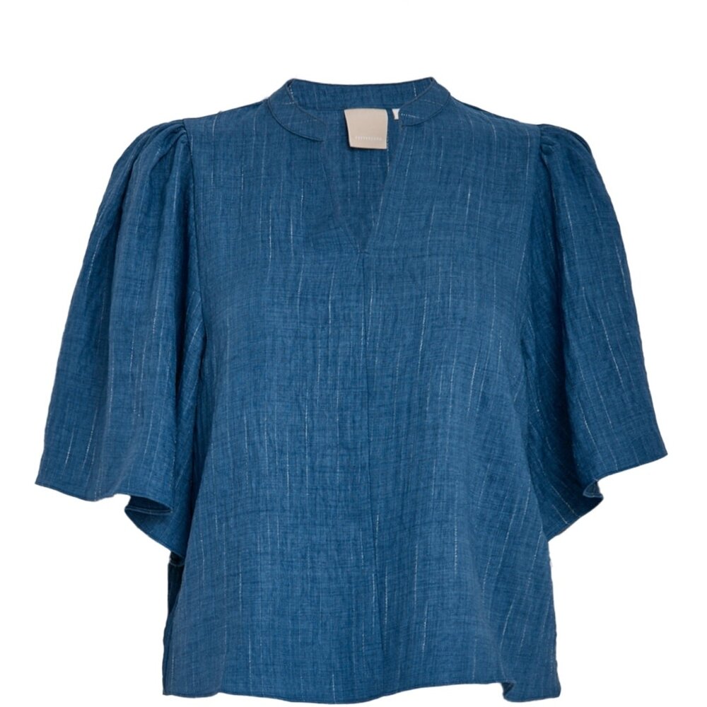 Peppercorn Gaby Pinstripe Top - Mid Blue Denim