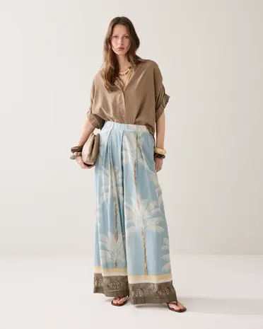 Summum Woman Trousers Palmtree print single border - Glacier Blue