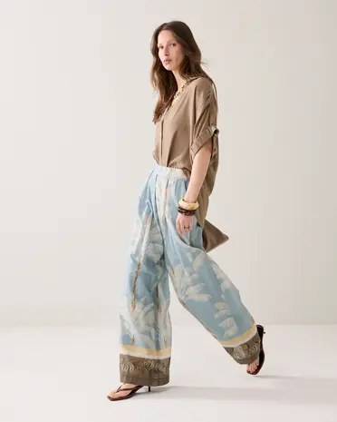 Summum Woman Trousers Palmtree print single border - Glacier Blue