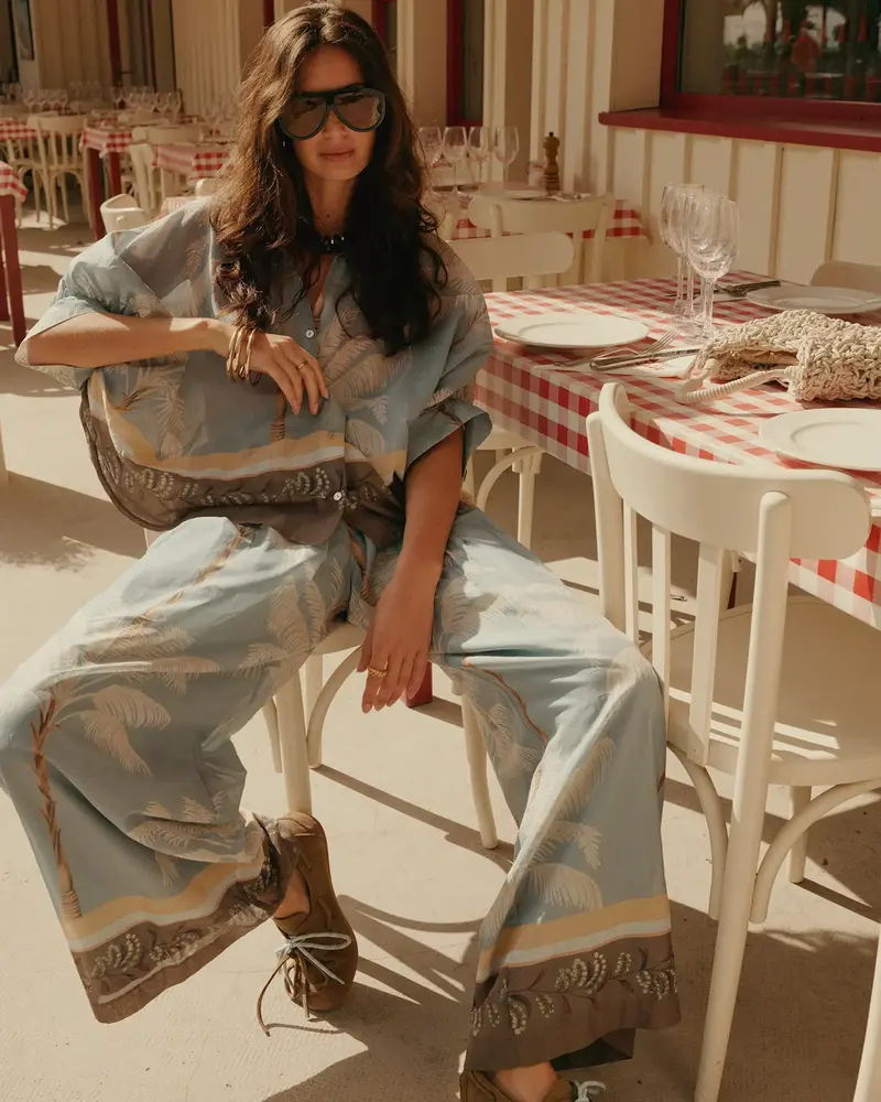 Summum Woman Trousers Palmtree print single border - Glacier Blue