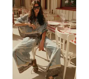 Summum Woman Trousers Palmtree print single border - Glacier Blue