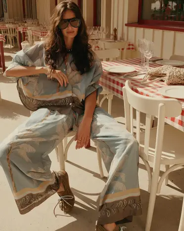 Summum Woman Trousers Palmtree print single border - Glacier Blue