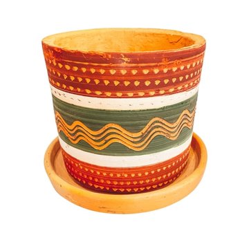 Colombian Boho Terracotta pot gegraveerd rood/ groen recht D14 H13