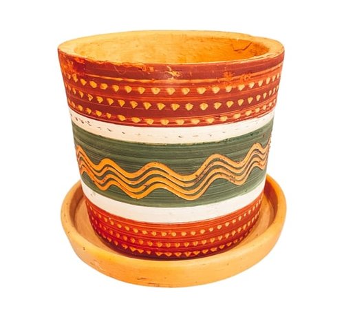 Colombian Boho Terracotta pot gegraveerd rood/ groen recht D14 H13