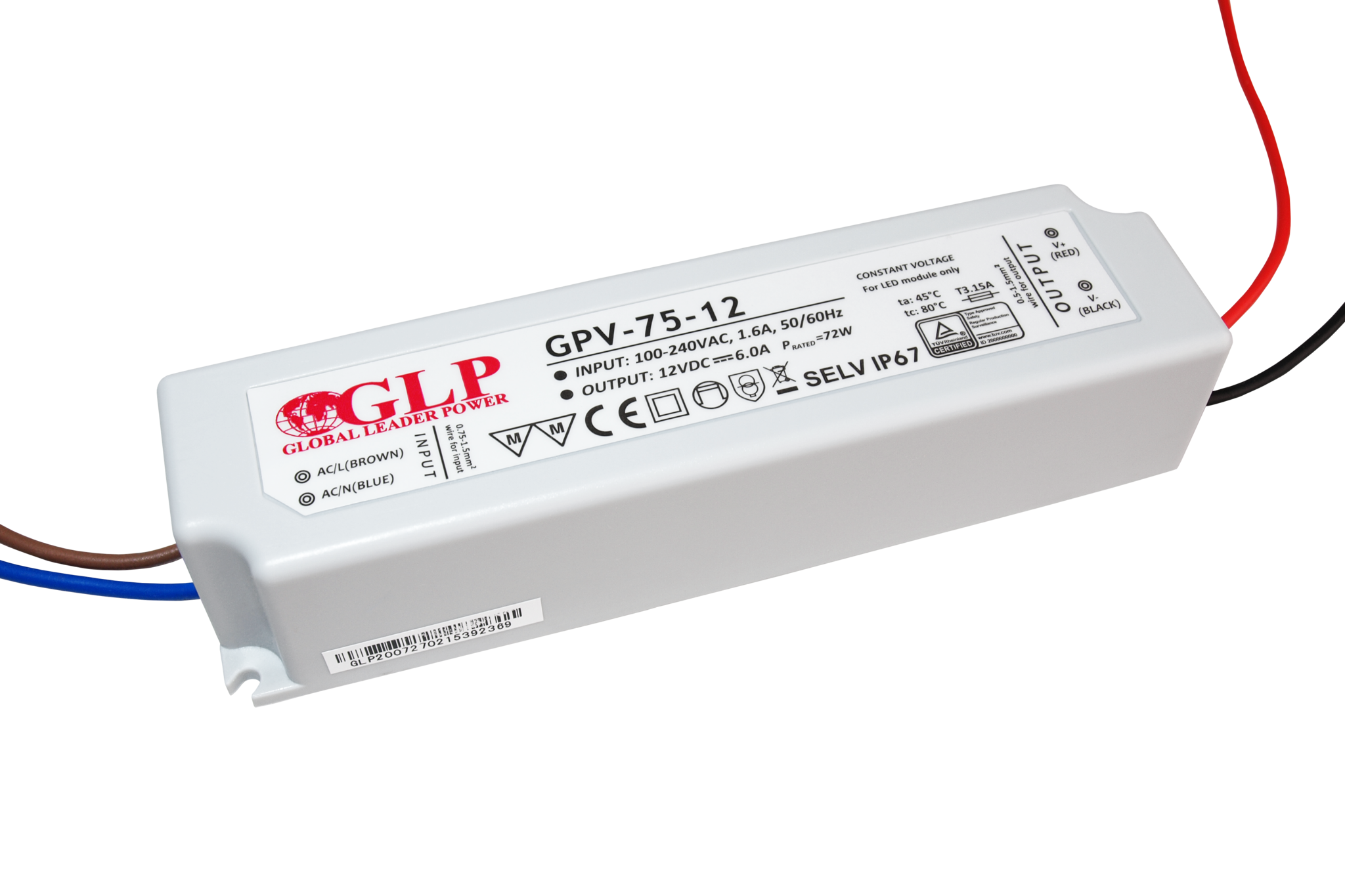 LED driver 75 watt 12 volt 6 Ampère – 5901885208237 - IP67 waterdicht – GLP GPV-75-12