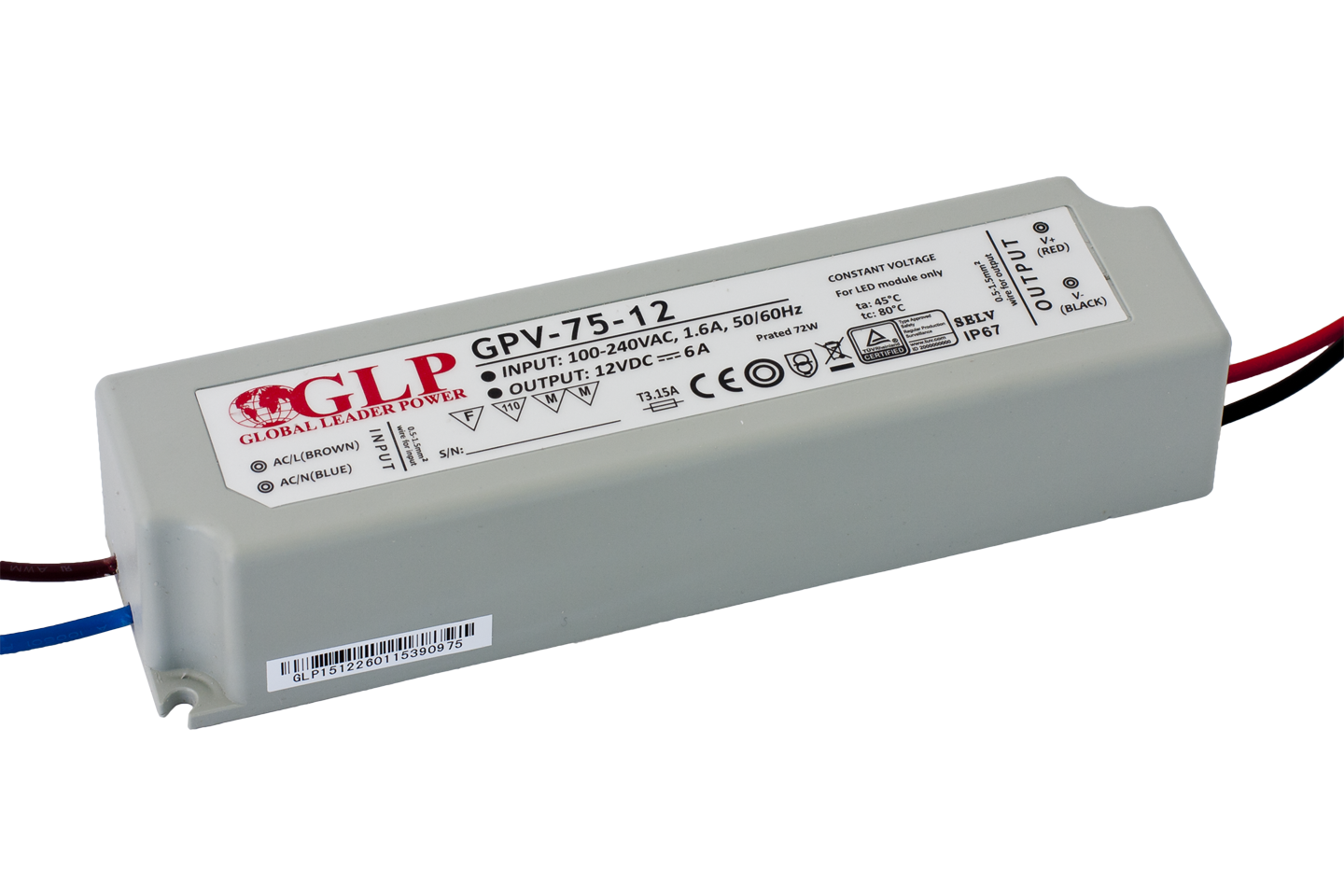 LED driver 75 watt 12 volt 6 Ampère – 5901885208237 - IP67 waterdicht – GLP GPV-75-12