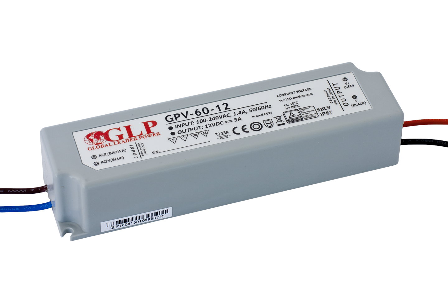 LED driver 60 watt 12 volt 5 Ampère – 5901885203997 - IP67 waterdicht – GLP GPV-60-12