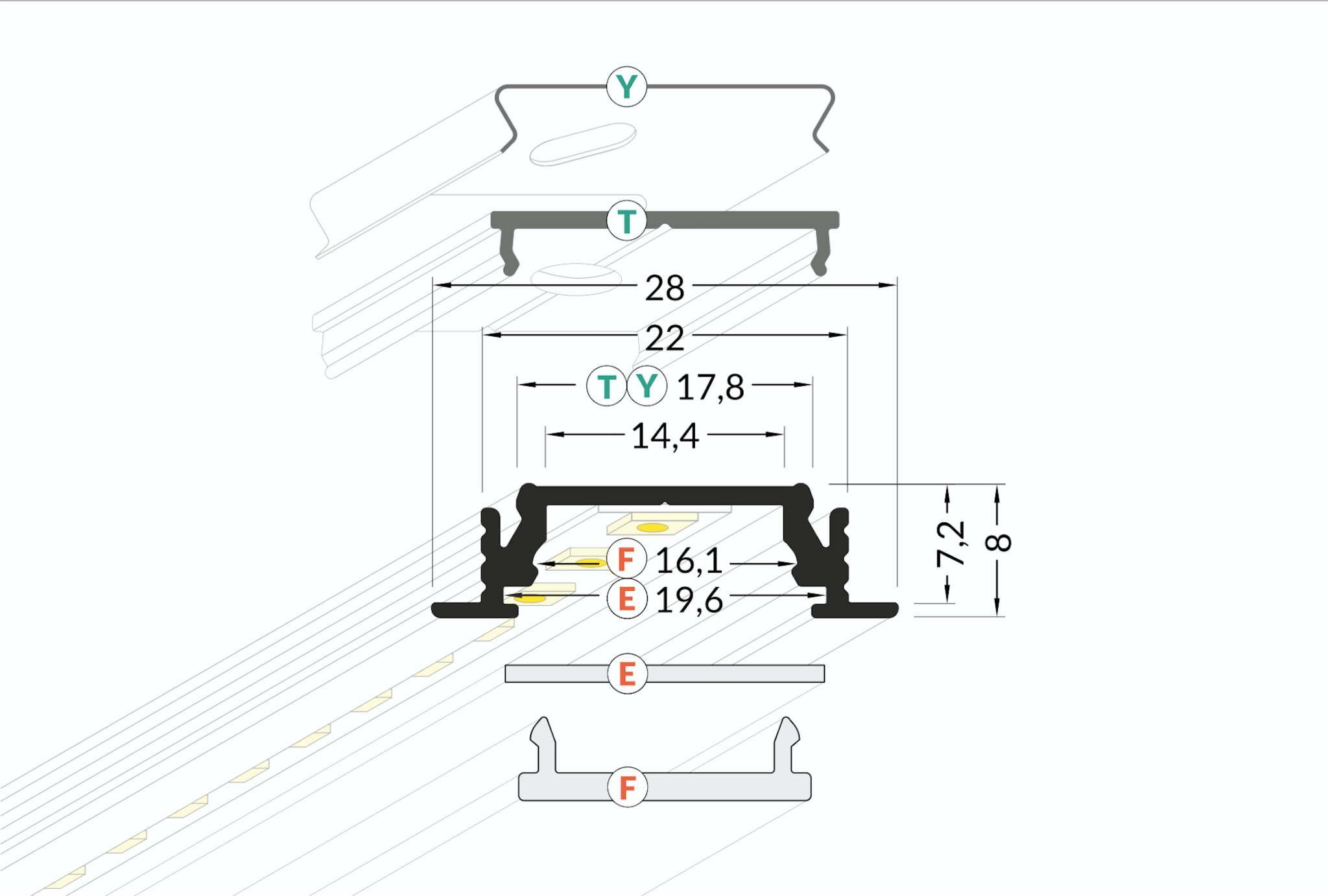 Wit LED inbouw profiel inclusief afdekking 28 mm x 8 mm - 09Inbouw-wit