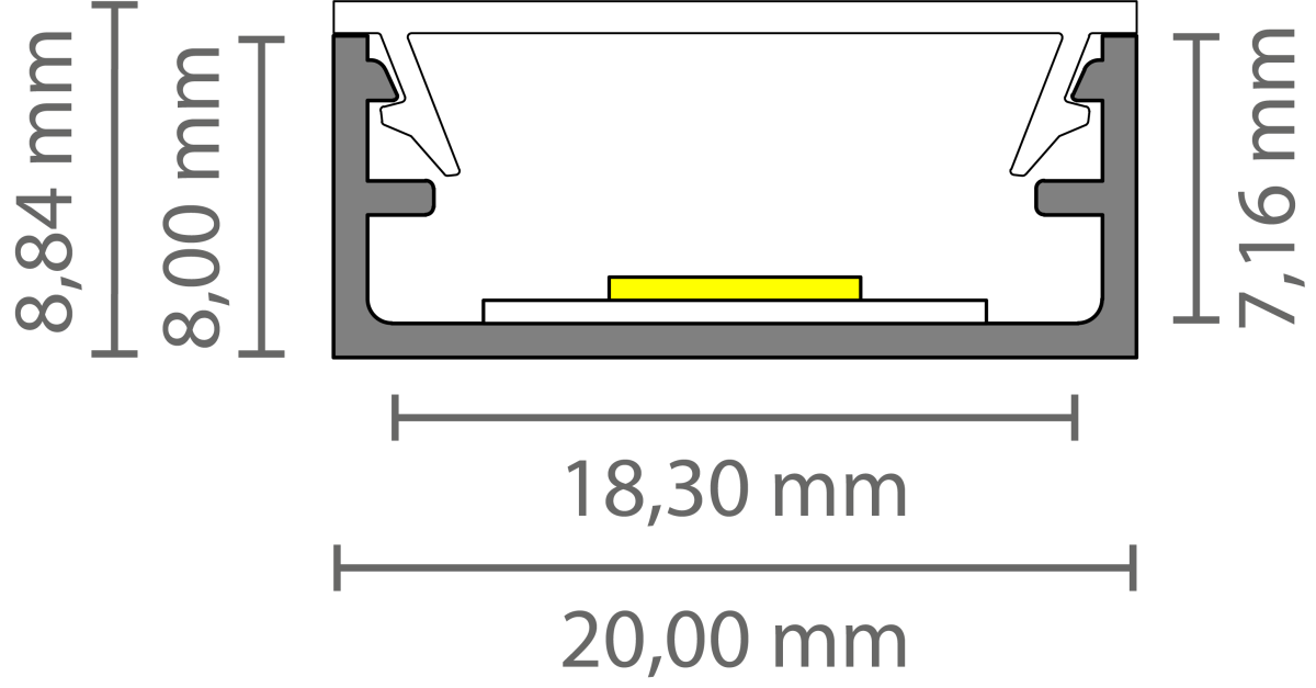 Wit LED profiel met klikafdekking8,84 x 20mm - 304WIT