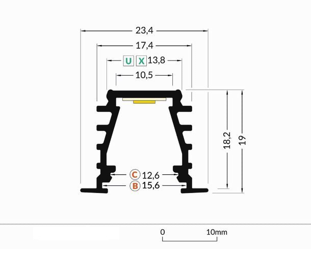 Zwart LED plafond profiel inclusief opaal afdekking 23.4 mm x 19 mm - GYPROC10ZWART