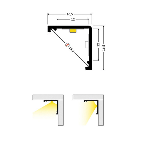 Zwart LED hoekprofiel 2 meter met opaal afdekking 16,5 mm x 16,5 mm - C12ZWART DUO