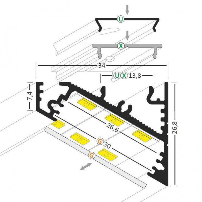 Zwart LED hoekprofiel met afdekking 34 mm x 26,8 mm - C27ZWART