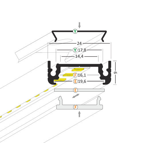 LED profiel met afdekking 24 mm x 9 mm - 09ALU