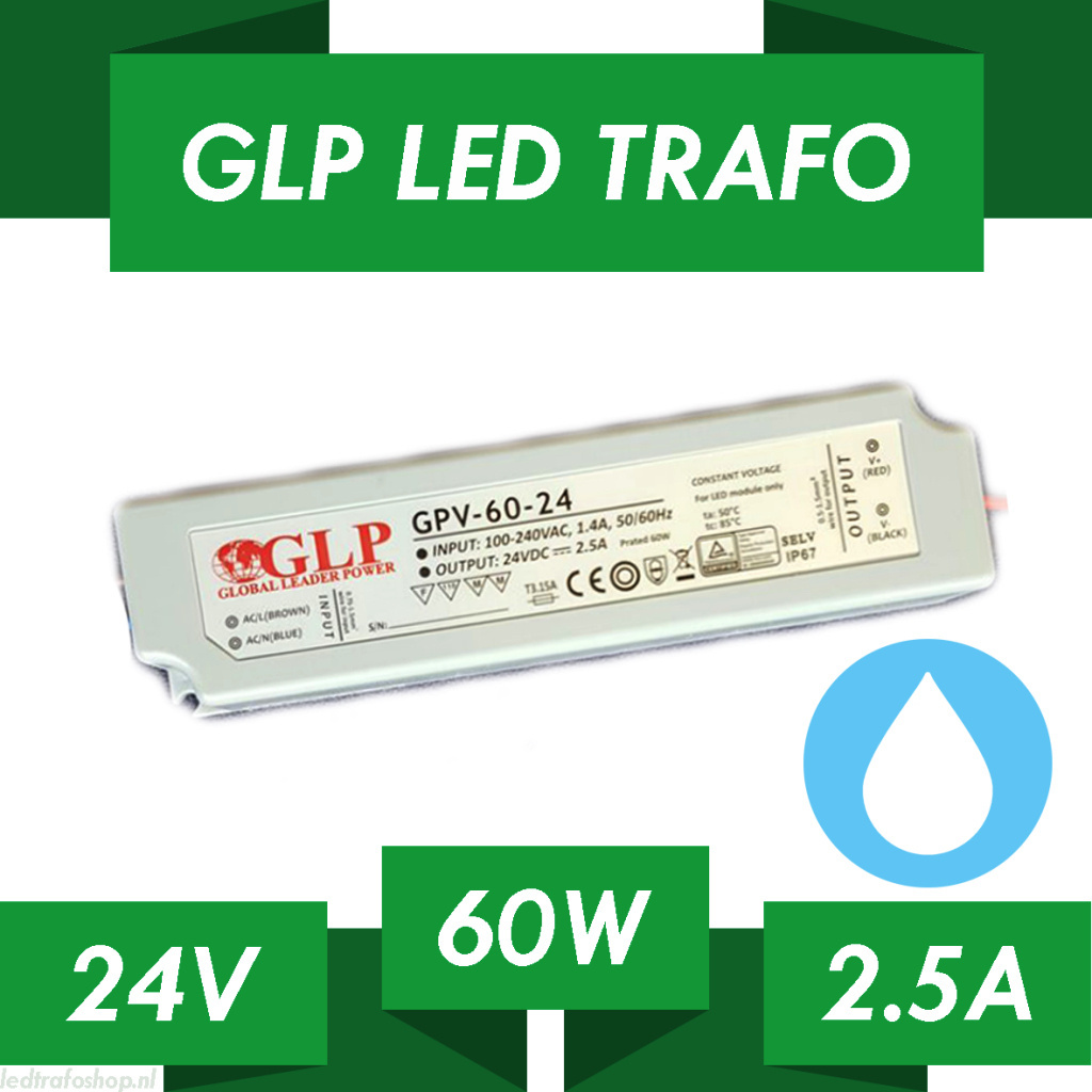LED driver 60 watt 24 volt 2,5 Ampère – IP67 waterdicht – GLP GPV-60-24