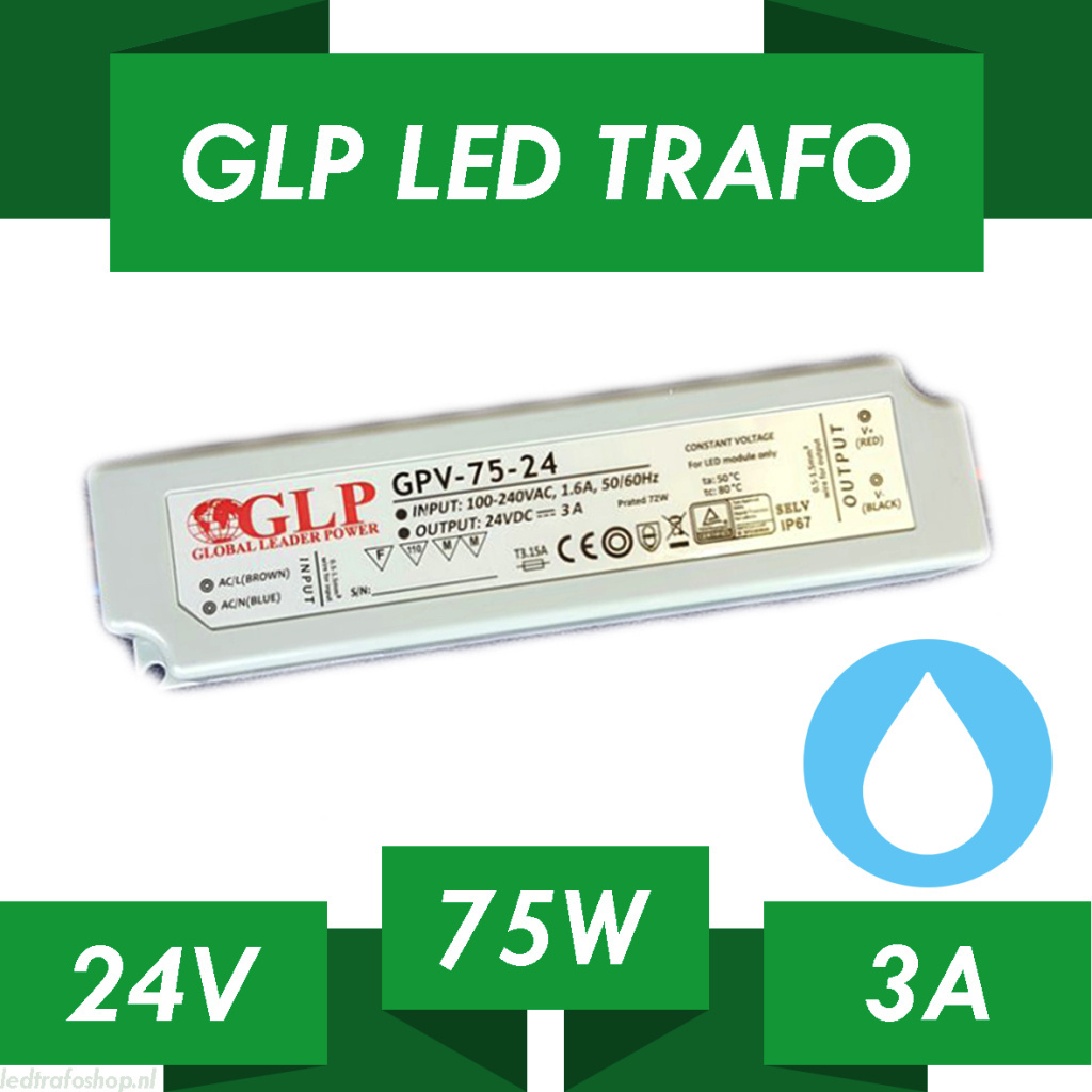 LED driver 75 watt 24 volt 3 Ampère – IP67 waterdicht – 5901885208244- GLP GPV-75-24