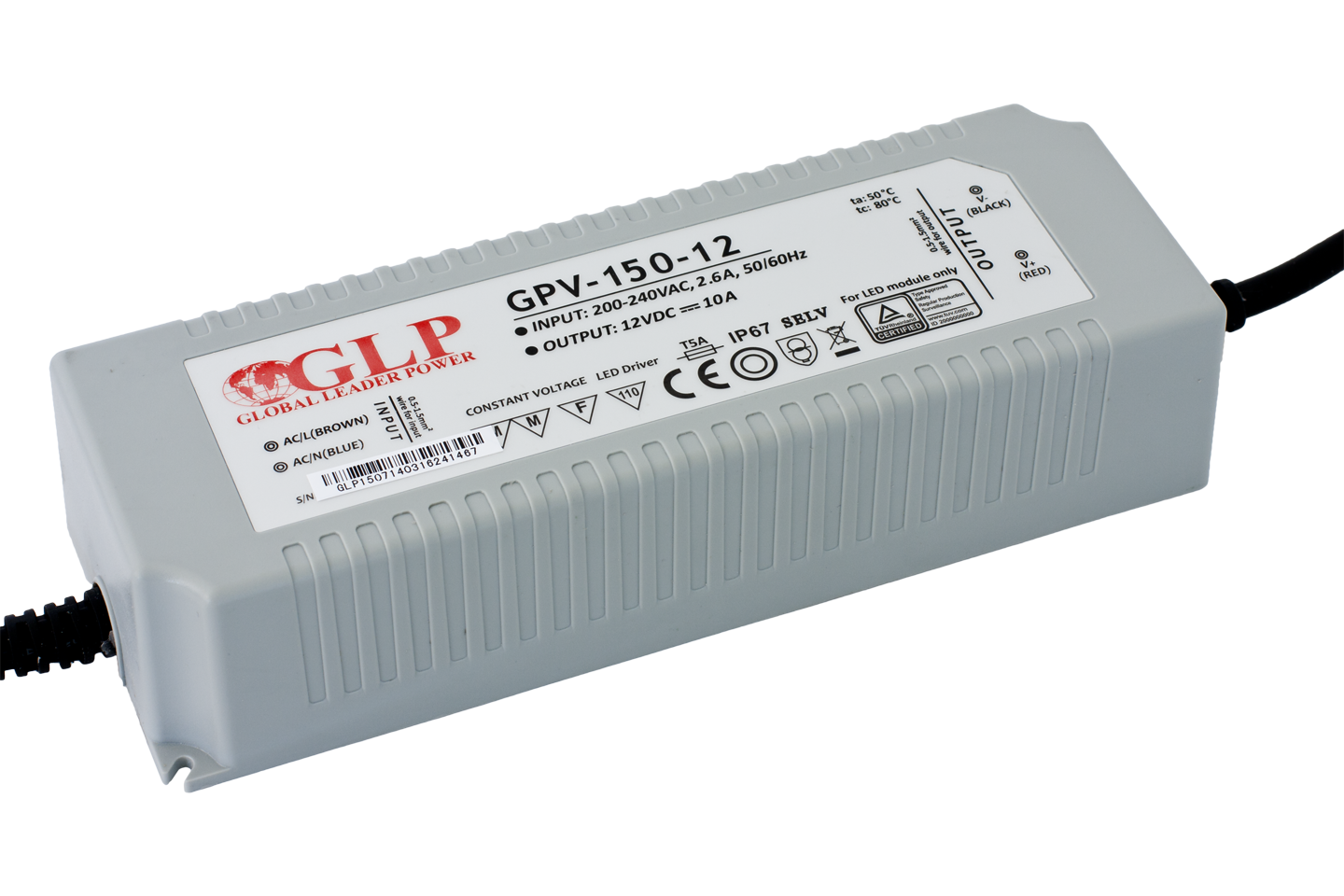 LED driver 150 watt 12 volt 12,5 Ampère – IP67 waterdicht – GLP GPV-150-12N