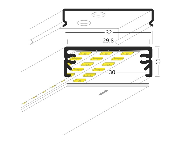 WIDE24 G/W breed LED opbouwprofiel -32 x 11mm Geanodiseerd aluminium - afdekking naar keuze
