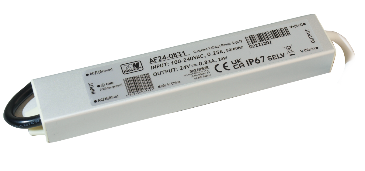 LED driver 20W 24VDC 0,83A CV – Waterdicht IP67 –AF24-0831