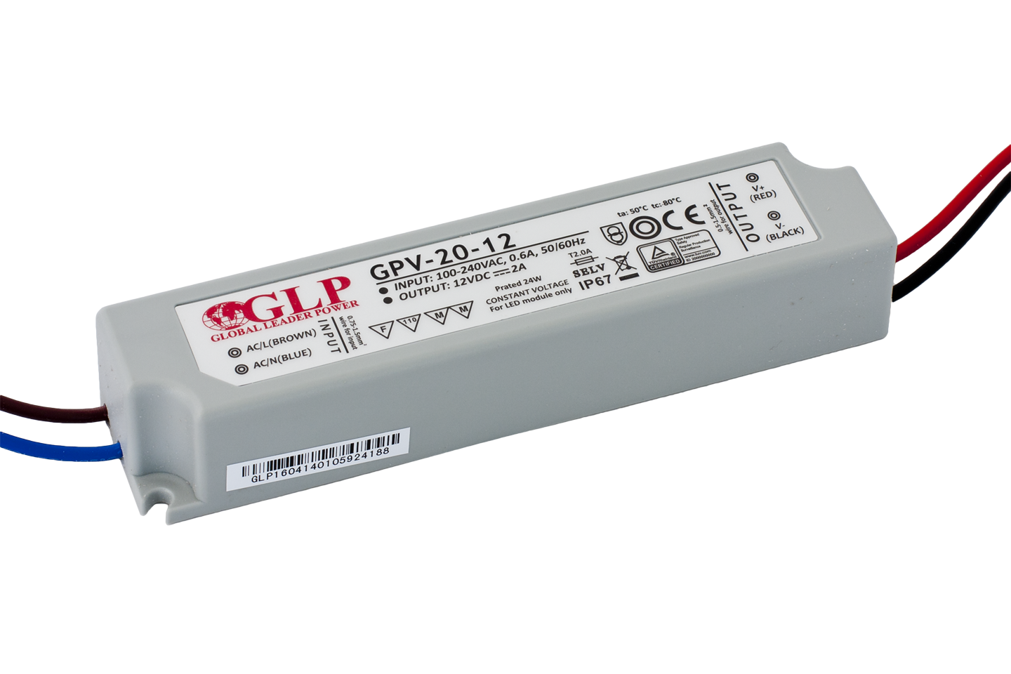 LED voeding 20 watt 12 volt 2 Ampère - IP67 waterdicht - GLP GPV-20-12