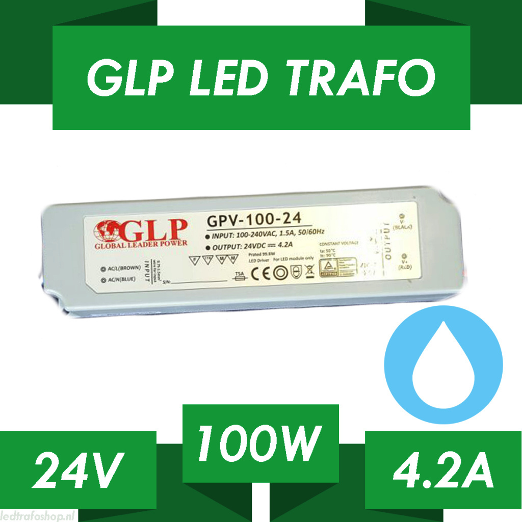 LED driver 100 watt 24 volt 4,2 Ampère – IP67 waterdicht – GLP GPV-100-24