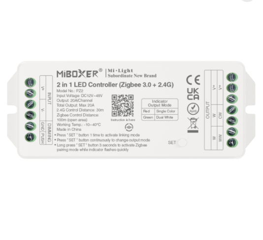 Professionele Zigbee LED controller 2 in 1 - voor single color en dual white LED strips 12-24-48v - PZ2