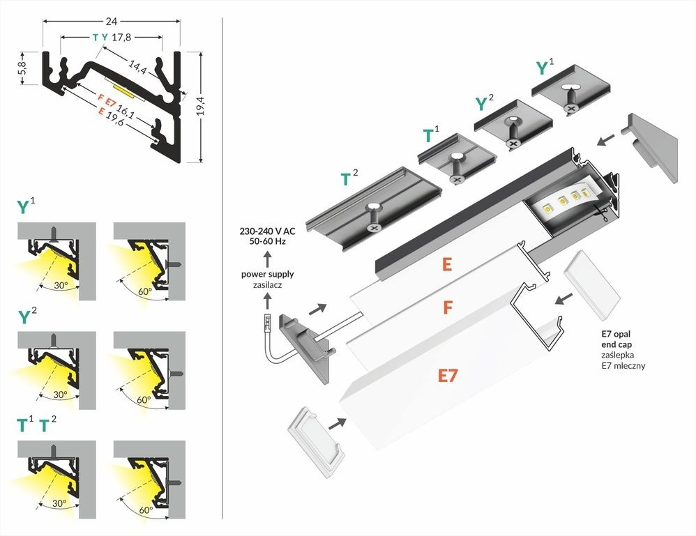 LED hoekprofiel met afdekking 24 mm x 19,4 mm - C21ALU