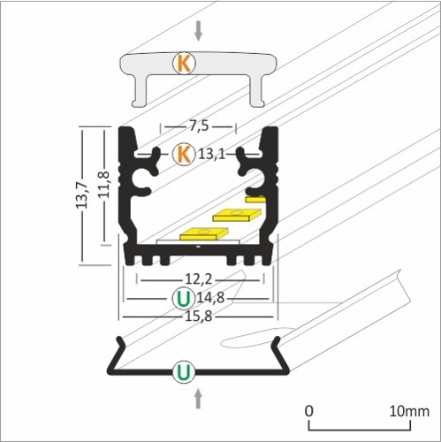 LED strip vloerprofiel 2 meter met cover 15,8 mm x 13,70 mm - VLOER12