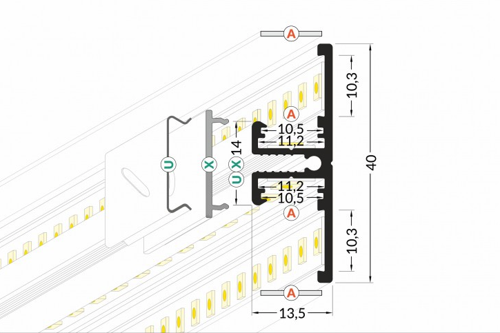 LED profiel Up Down - met afdekking 13,5 mm x 40 mm - UpDown02ZWART
