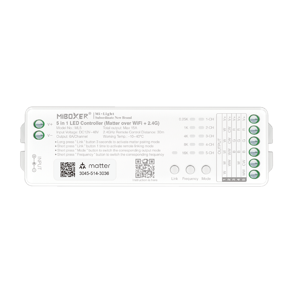 Matter of wifi LED controller 5 in 1 - voor Single Color/Dual White/RGB/RGBW/RGBWW/RGBCCT LED strips 12-24-48v - ML5