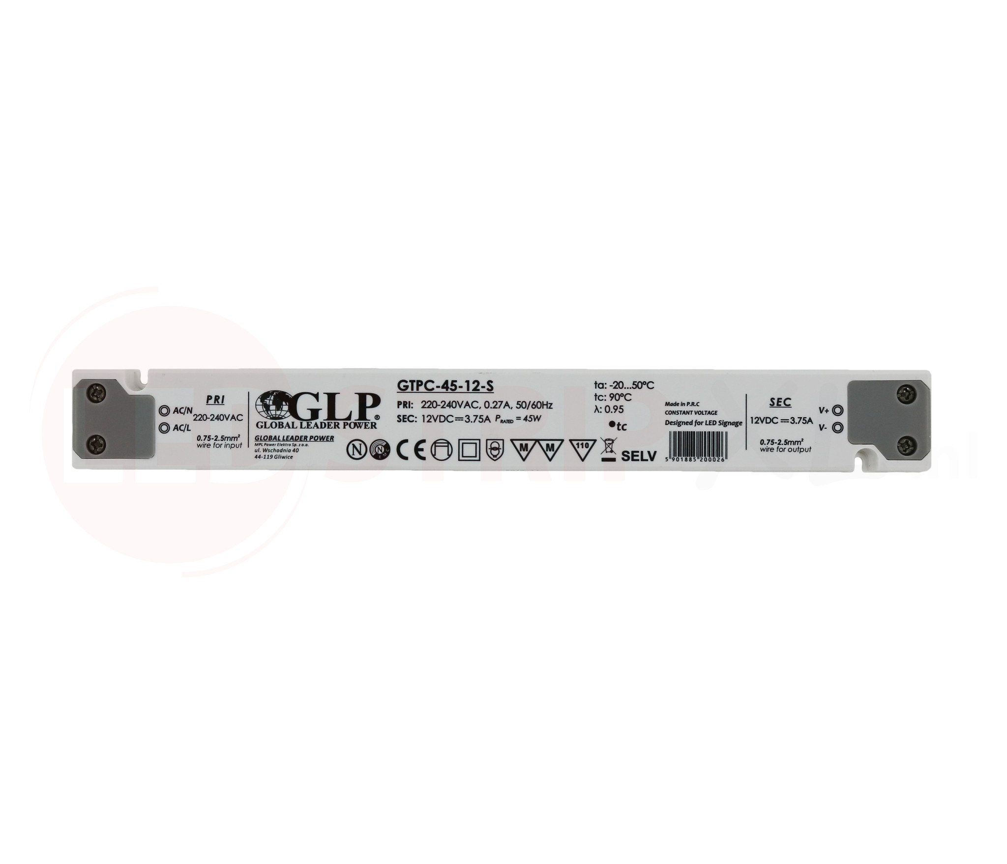 LED driver 45 watt 12 volt 3,75 Ampère - IP20 - compact