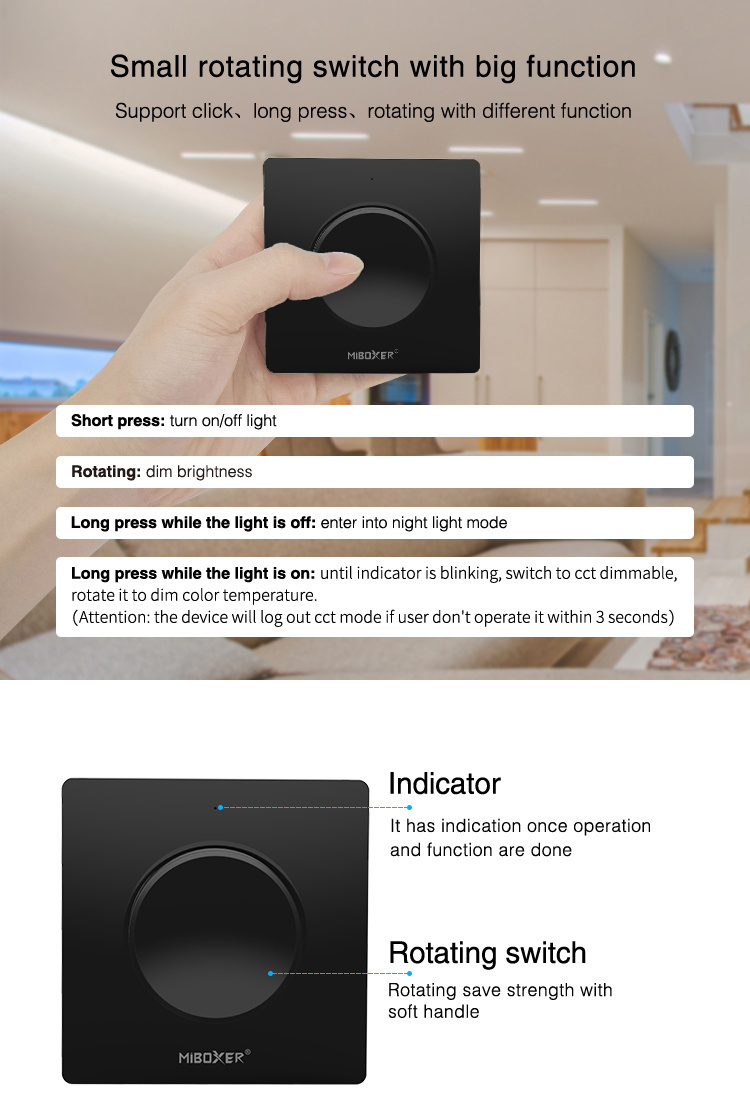 MiBoxer draadloze ZWARTE LED wanddimmer - Draadloze wanddimmer - MIBOXER K1B