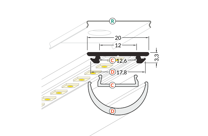 Buigbaar LED profiel 20 mm x 3,3 mm - F12ALU - 12mm