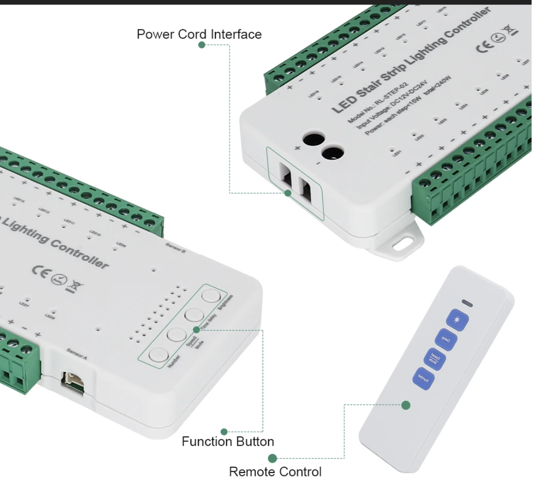 Professionele LED traptrede aansturing met afstandsbediening - tot 16 treden - complete controller kit
