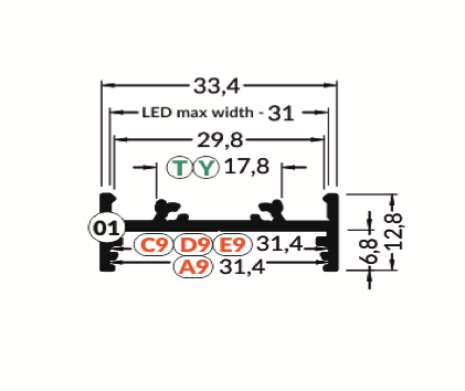LED strip profiel 2 meter met lage cover 33,4 mm x 12,8 mm - PN10.C1ALU