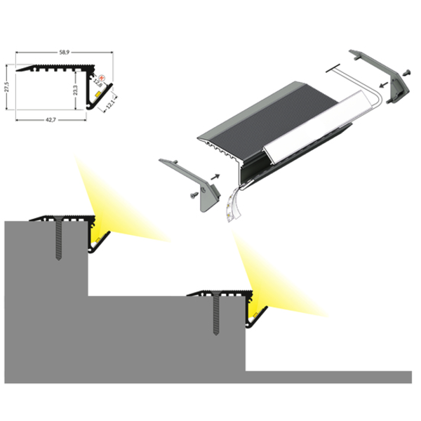 LED trapprofiel 2 meter met klikafdekking 58,9mm x 27,5mm – B12ALU