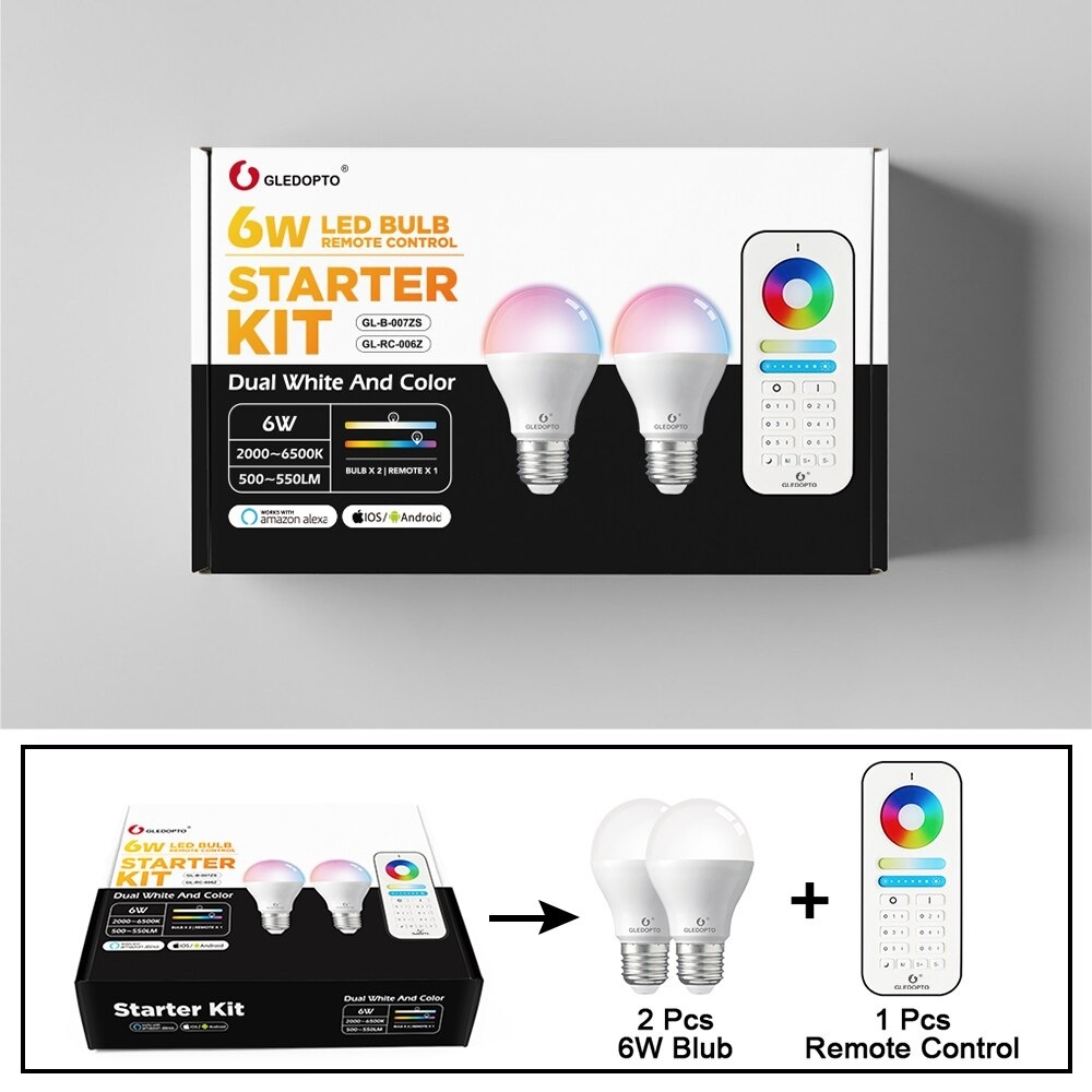 2 x GLEDopto Zigbee instelbare E27 LED Spot RGBCCT 6 watt (2000K-6500K) Start kit