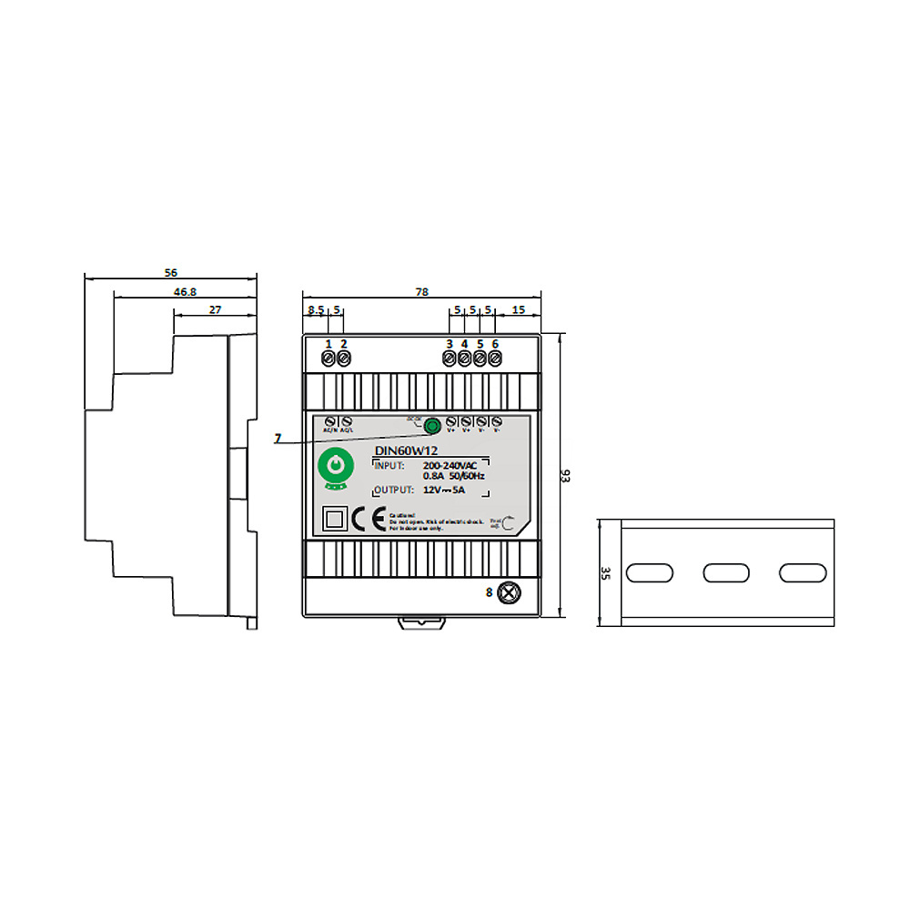 Din Rail LED driver 60 watt 12 volt 5 Ampère - IP20 - DIN60W12