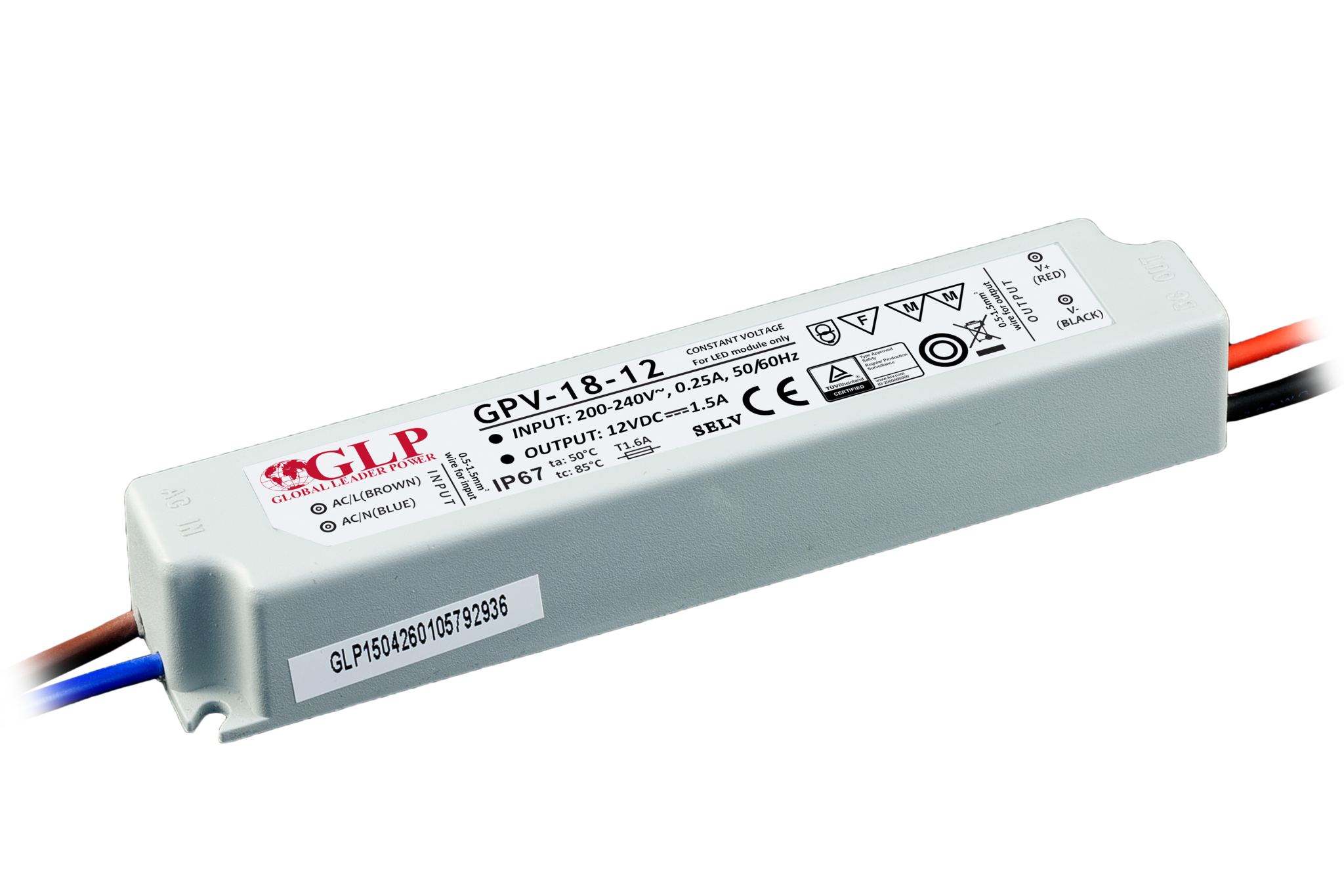 LED driver 18 watt 12 volt 1,5 Ampère - IP67 waterdicht - 5902135147405 - GLP GPV-18-12