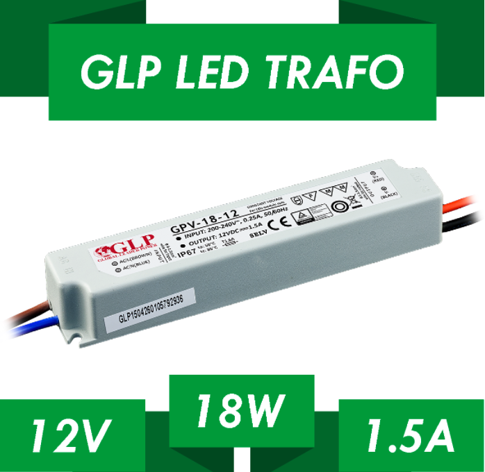LED driver 18 watt 12 volt 1,5 Ampère - IP67 waterdicht - 5902135147405 - GLP GPV-18-12