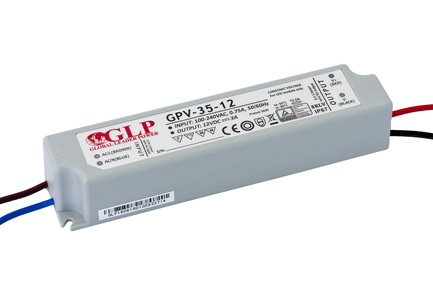 LED driver 35 watt 12 volt 3 Ampère – IP67 waterdicht – 5901885203980 - GLP GPV-35-12