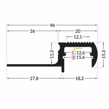LED traptrede profiel voor buiten gebruik 1,1 meter met afdekking 12,6mm - Trap03messing