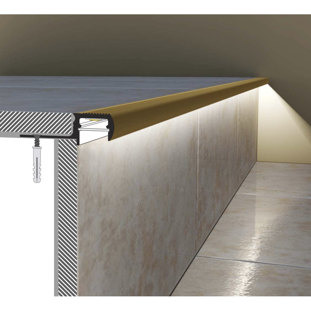 LED traptrede profiel voor buiten gebruik 1,1 meter met afdekking 12,6mm - Trap03messing
