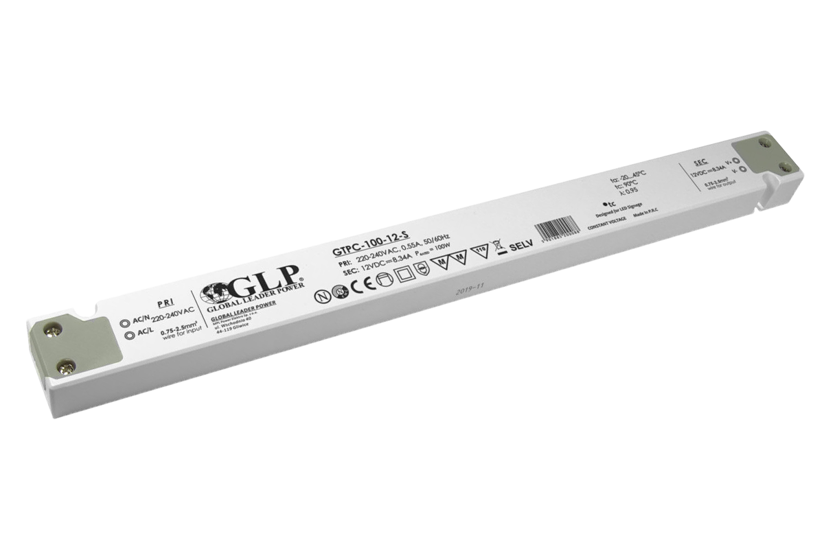 LED voeding 100 watt 12 volt 8,34 Ampère - IP20 - compact