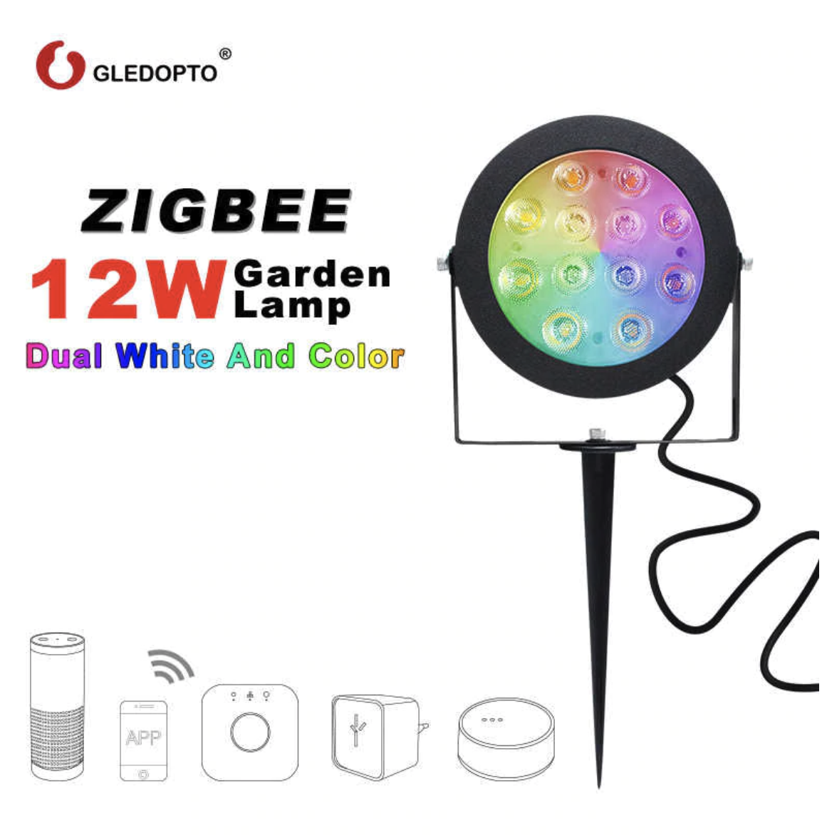 Gledopto Zigbee instelbare LED tuinspot RGBCCT 12 watt (2000K-6500K)